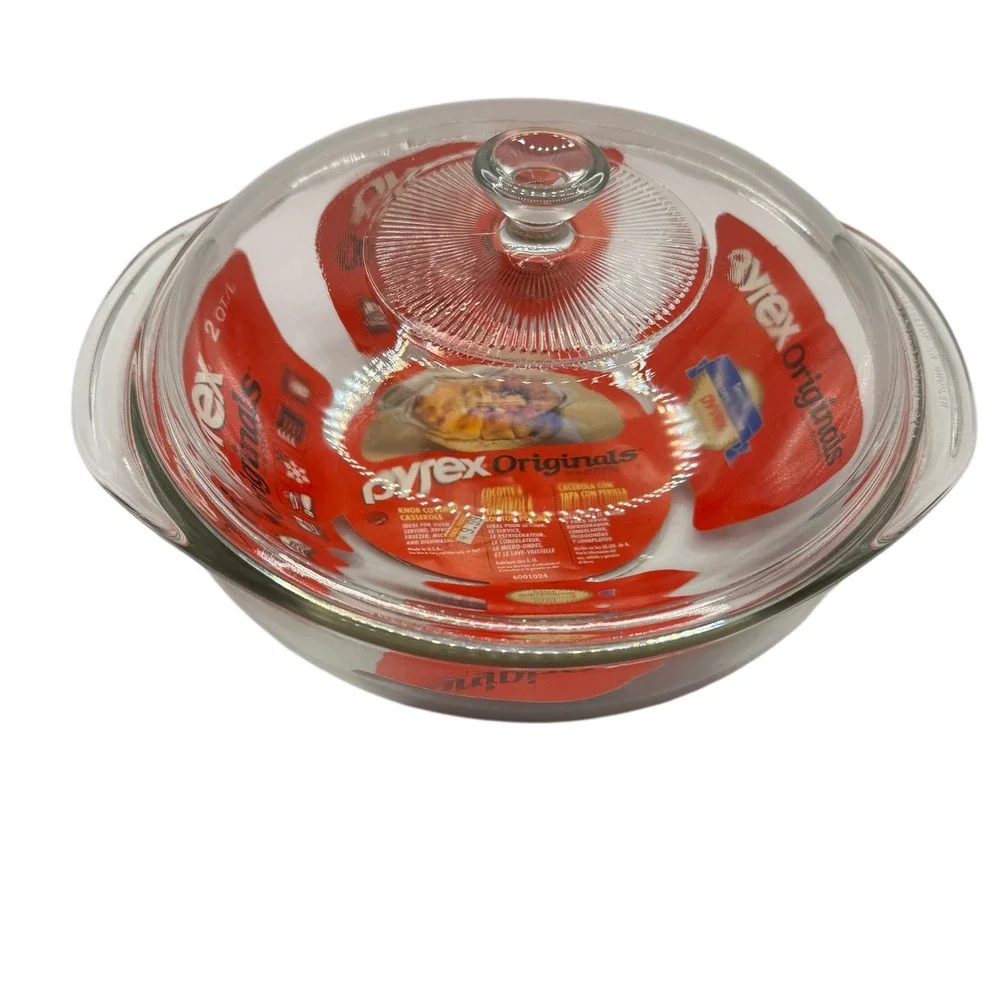 Pyrex Originals 2 Qt Clear Glass Round Casserole Dish Knob Lid 1996 Vintage NOS
